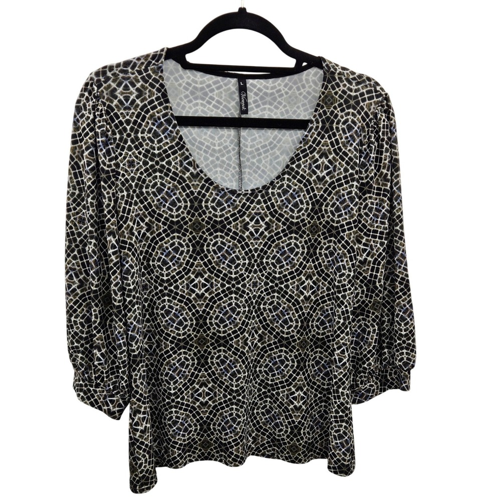 Viereck Womens Black White OliveGeometric Mosaic Scoop Neck 3/4 Sleeve‎ Top L